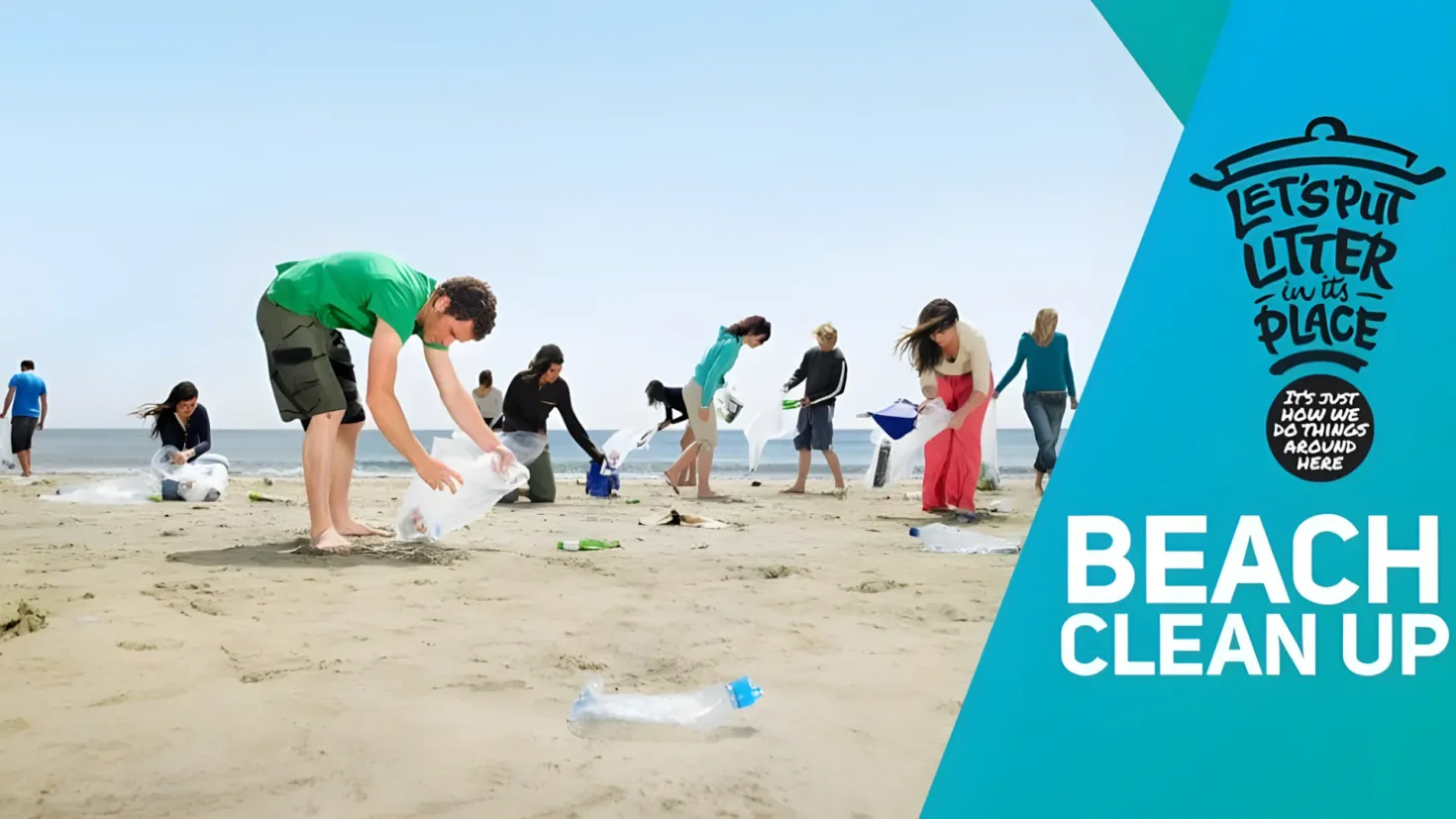 A group of people standing on the seashore, some of them holding polythene covers in their hands. The backdrop of the image is a large body of water and a cloudy sky. On the right side of the picture, there is some text that reads "Beach Clean Up".