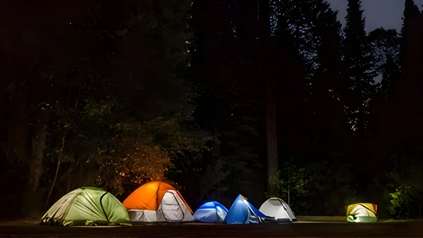 A group of tents sitting in the middle of a forest at night, surrounded by trees and illuminated by the moonlight. The sky is visible in the background, creating a peaceful atmosphere.