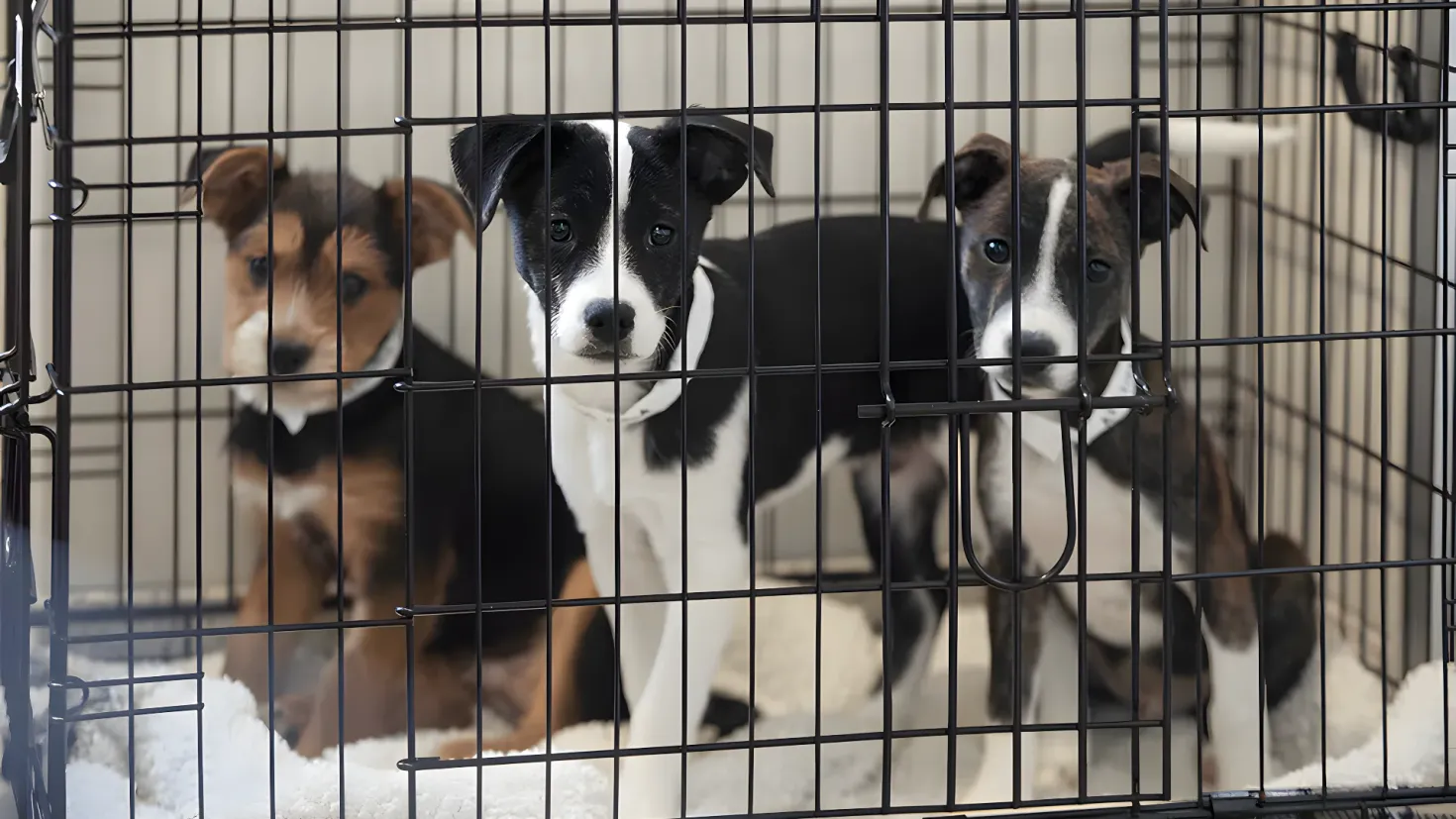 Three dogs in a metal cage with a white cloth draped over them. The background is slightly blurred, giving the focus to the dogs.