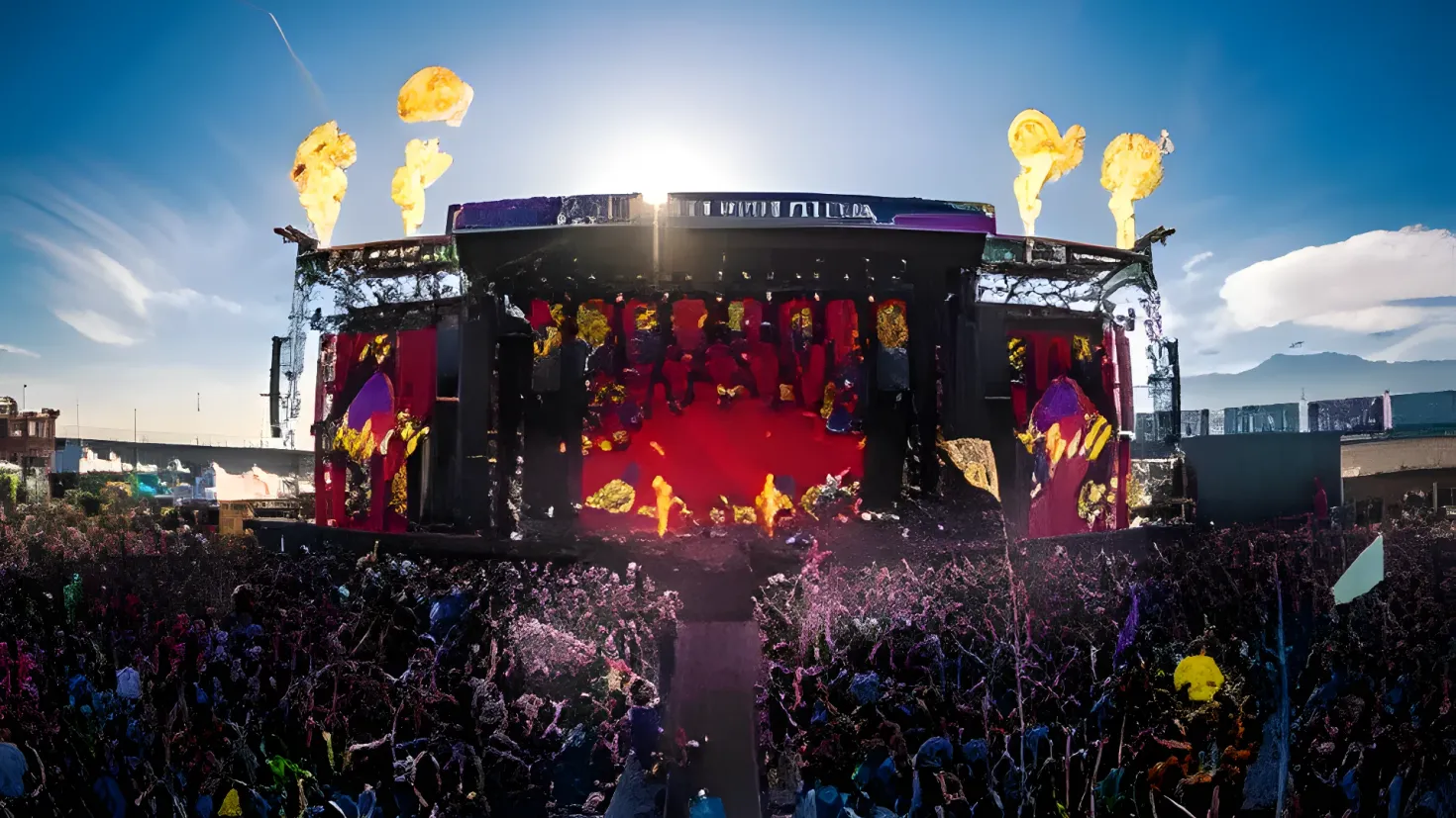 A large crowd of people standing in front of a stage, illuminated by bright lights and surrounded by buildings, trees, and mountains in the background. The sky is filled with clouds, creating a vibrant atmosphere.
