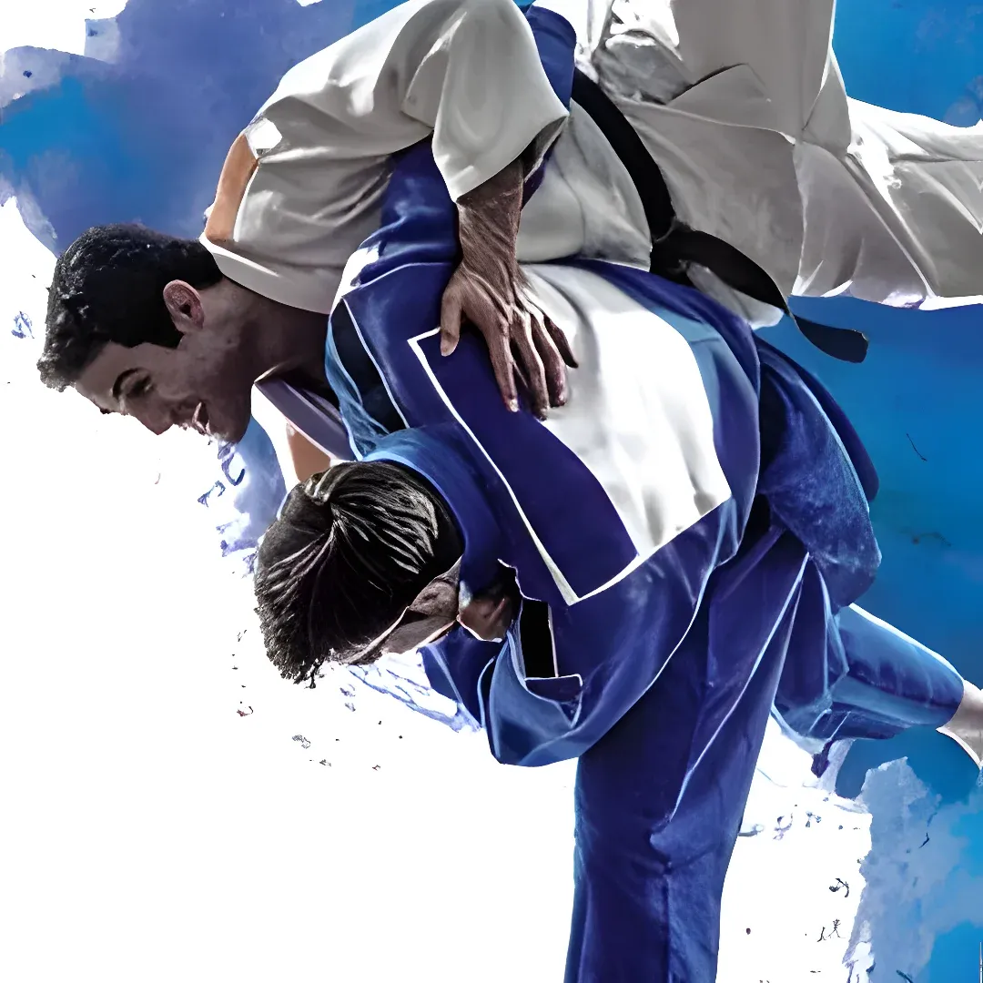 Two men in blue and white judo uniforms engaged in a fight against a blue background.