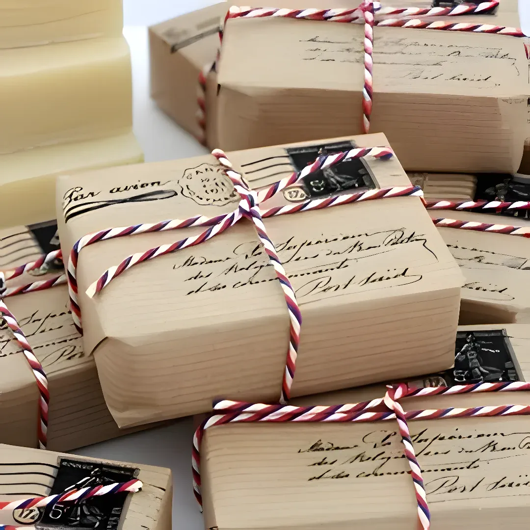 A white table with a bunch of wrapped presents sitting on top of it. The presents are wrapped in brown paper and tied with red and white ribbons. The background is white.