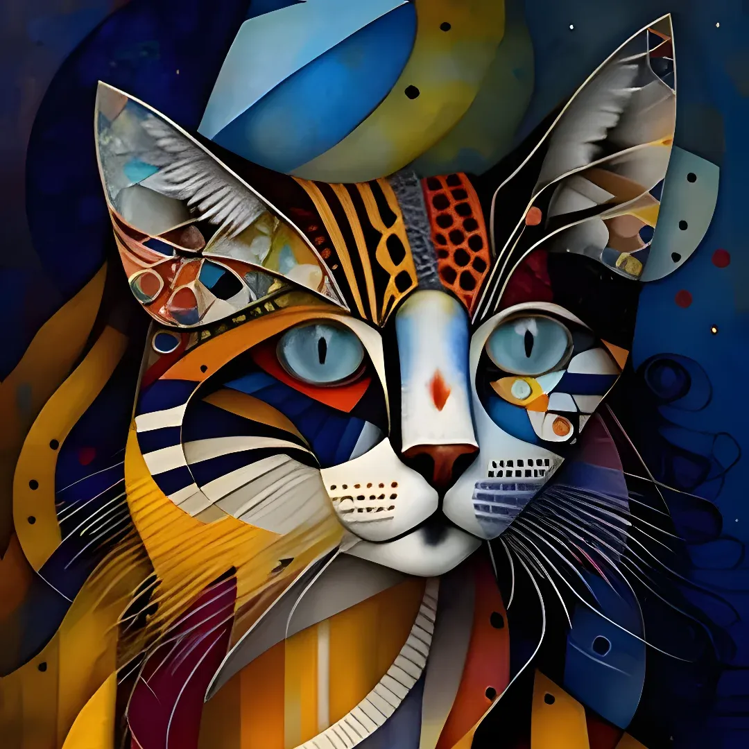 A painting of a cat with blue eyes on a blue background. The cat has a unique expression, with its fur and features clearly visible. Its eyes are wide and alert, and its whiskers are long and thin. The blue background provides a stark contrast to the cat's fur, making it stand out even more.