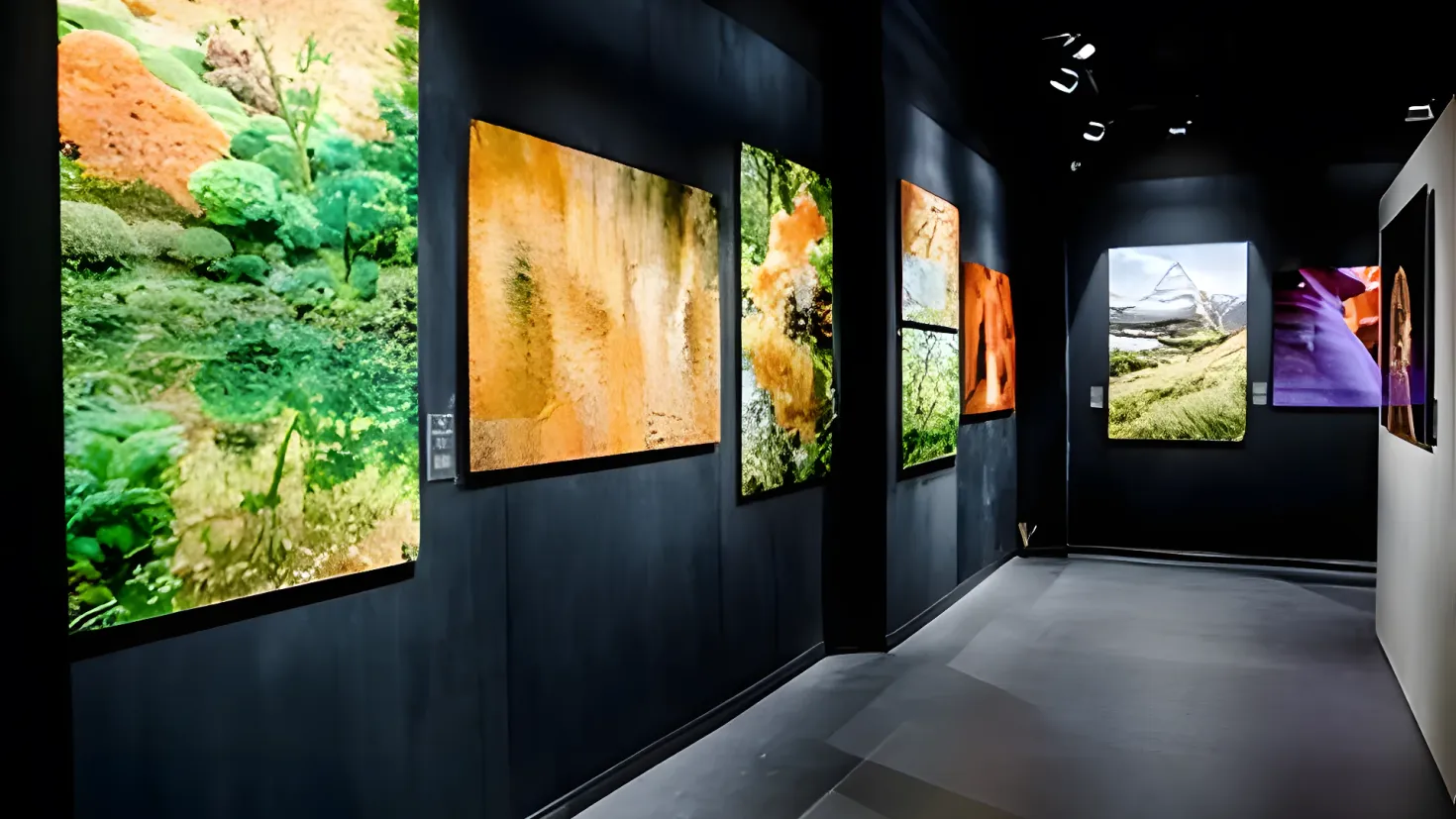 An installation view of the exhibition 'Emanations: The Art of the Cameraless Photograph' at the Govett-Brewster Art Gallery in New Zealand. The walls are adorned with photo frames, and the ceiling is illuminated with lights.