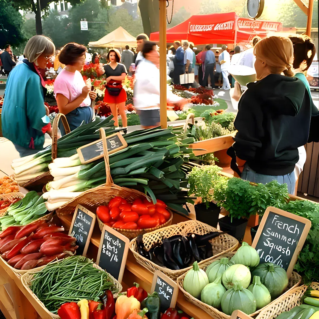 A group of people standing around a table filled with a variety of vegetables, including leafy greens, tomatoes, onions, and peppers. There are also boards with text, tents, trees, and a clock in the background.
