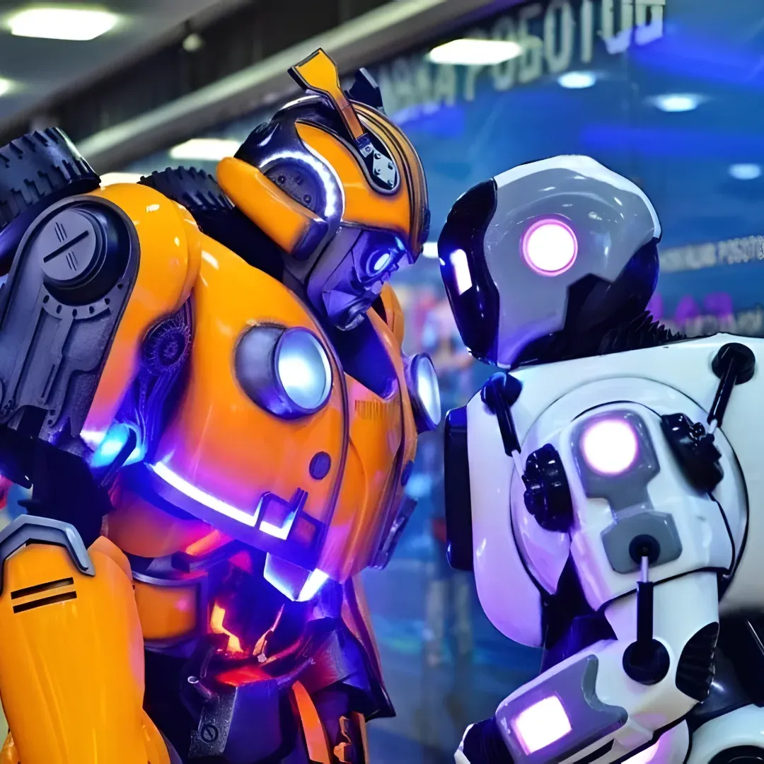 Two robots standing next to each other in front of a building, illuminated by lights attached to the ceiling. The robots appear to be in a battle-ready stance, ready to fight.