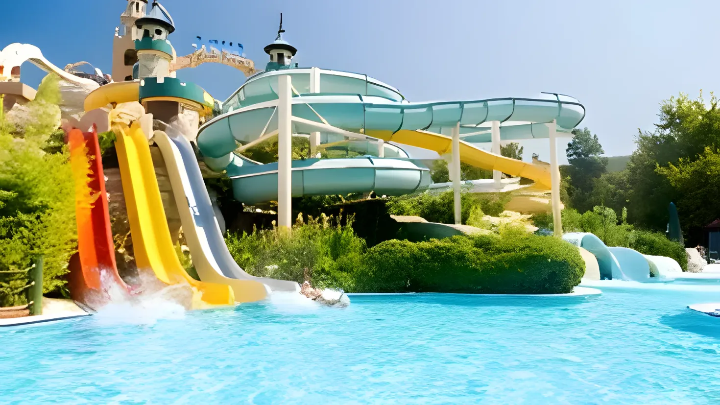 A large water park with a water slide in the middle of it, surrounded by lush green plants and trees, with a bright blue sky in the background.