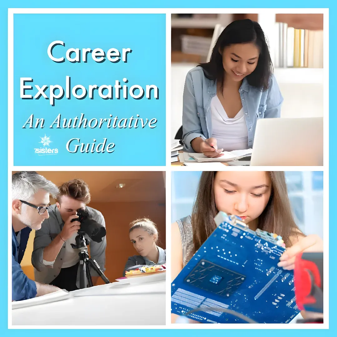 A poster with the words "Career Exploration: An Authoritative Guide" written across the top. In the center of the poster is a collage of four images, each depicting a different aspect of career exploration. The first image shows two people, one of whom is holding a camera, and the other is looking at a laptop. The second image shows three people sitting around a table with papers and other objects on it. The third image shows an electronic circuit board.