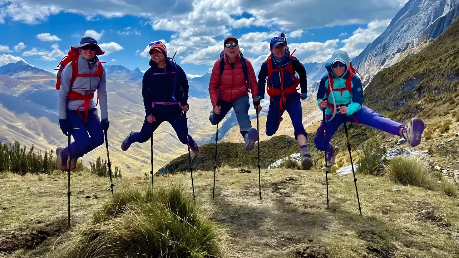 A group of people jumping in the air on top of a mountain, surrounded by lush green grass and plants, with majestic mountains in the background and a clear blue sky above. They are all wearing backpacks and holding trekking poles, suggesting they are on a trekking adventure.