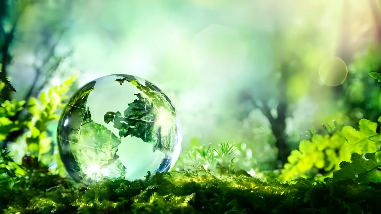 A glass globe sitting on top of a moss covered ground, surrounded by lush green plants and trees in the background. The globe is transparent, allowing us to see the intricate details of the globe, and the background is slightly blurred, giving the image a dreamy feel.