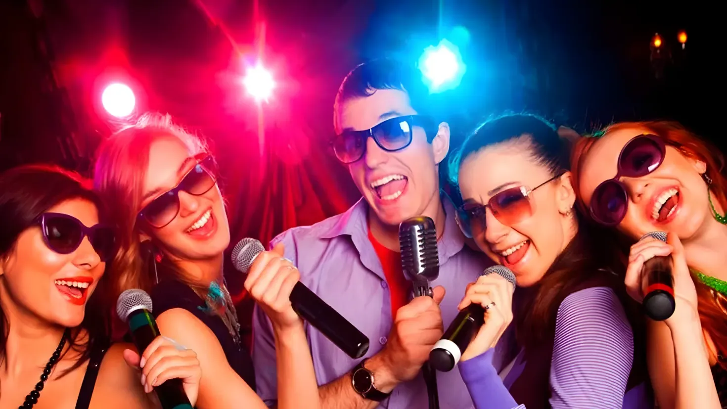 A group of people singing into microphones at a party, illuminated by colorful lights in the background.