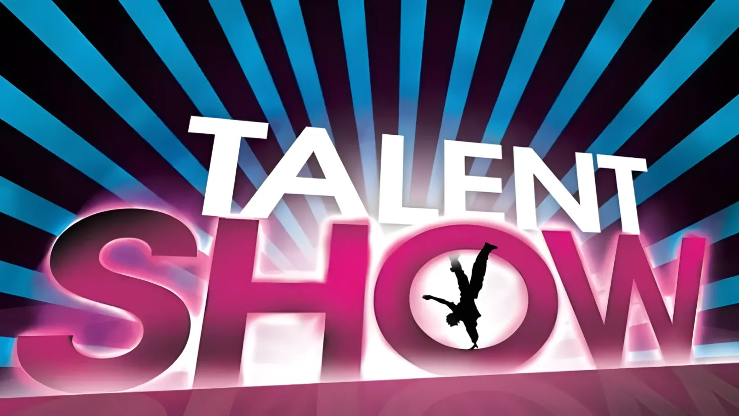 A talent show poster with the words "Talent Show" in bold, white lettering against a bright blue background. The poster also features a silhouette of a person in the center, with their arms outstretched and their head tilted back, as if they are about to perform. The person is wearing a bright yellow shirt and blue jeans, and has a determined expression on their face. The text on the poster is surrounded by a white border, giving it a modern and professional look.