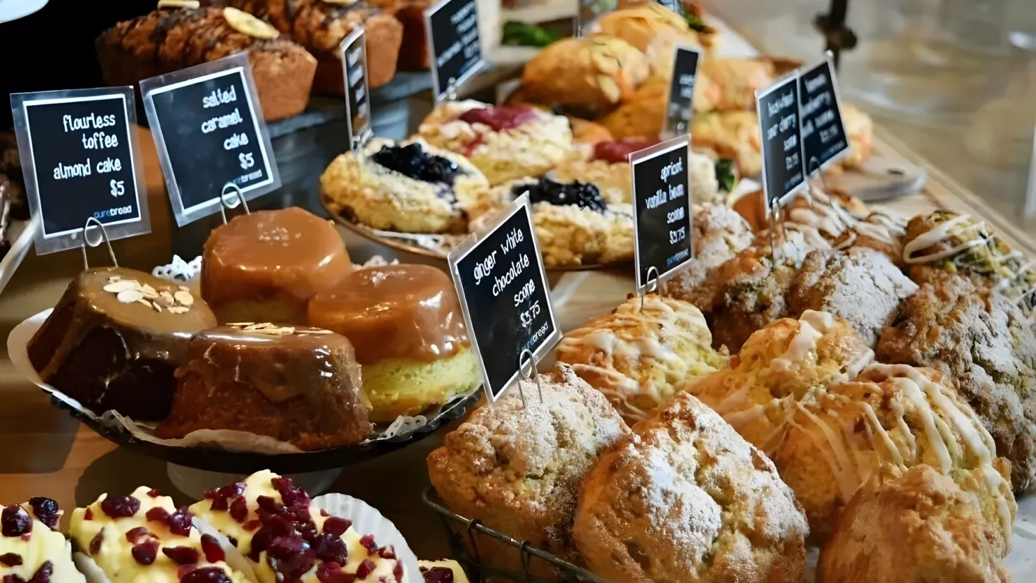 A display case filled with lots of different types of pastries, including a coffee cup and a plate. There are also boards with text on them placed on the table.