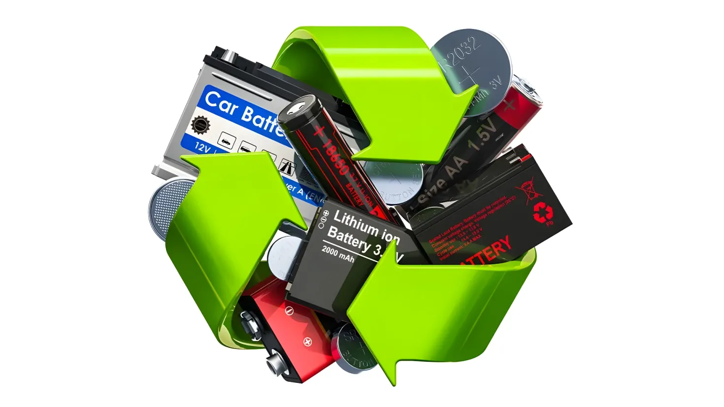 A pile of batteries sitting on top of each other in a green recycling bin. The batteries are of various sizes and colors, and the bin is filled with them.