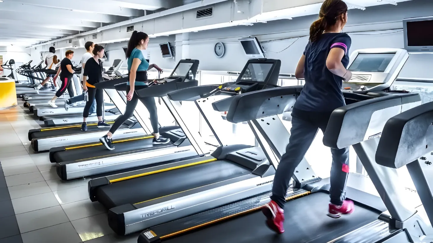 A group of people running on treadmills in a gym, with monitors, a clock, and other objects on the walls. The ceiling is visible at the top of the image.