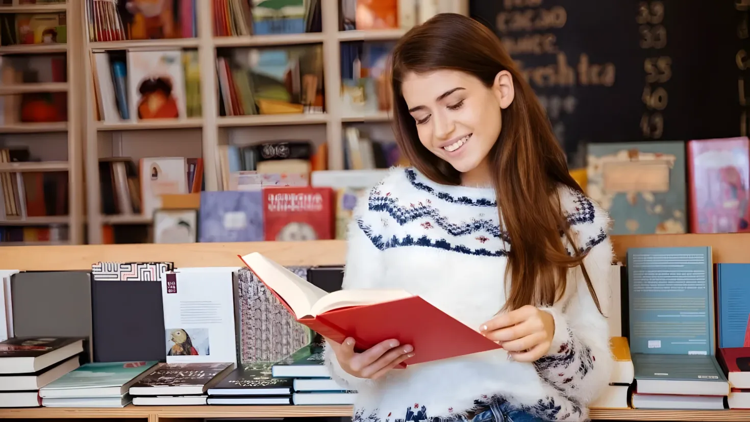 A woman sitting at a table in a library, surrounded by bookshelves filled with books. She is holding a book in her hands and there is a blackboard in the background.