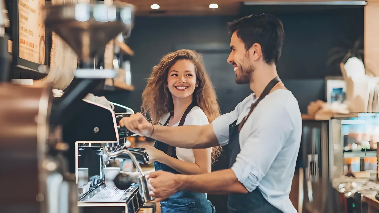 A man and woman standing in front of a coffee machine in a coffee shop. The man is wearing a white shirt and blue apron, while the woman is wearing an apron. On the left side of the image, there are several coffee machines, and on the right side, there is a countertop with various objects on it. The background is slightly blurred, and the ceiling is adorned with lights.