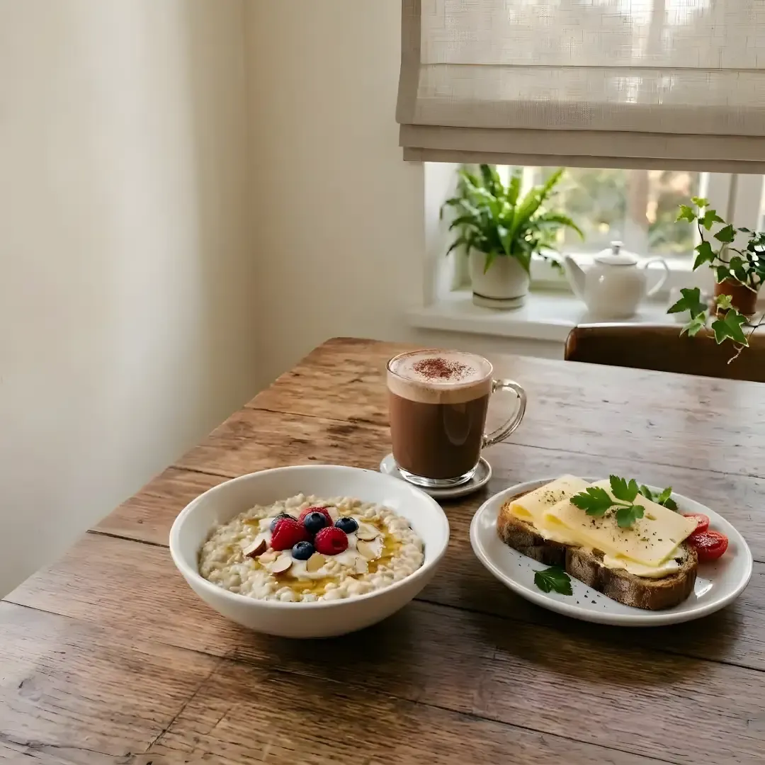Healthy breakfast with oatmeal, cheese toast, and hot chocolate on a wooden table.