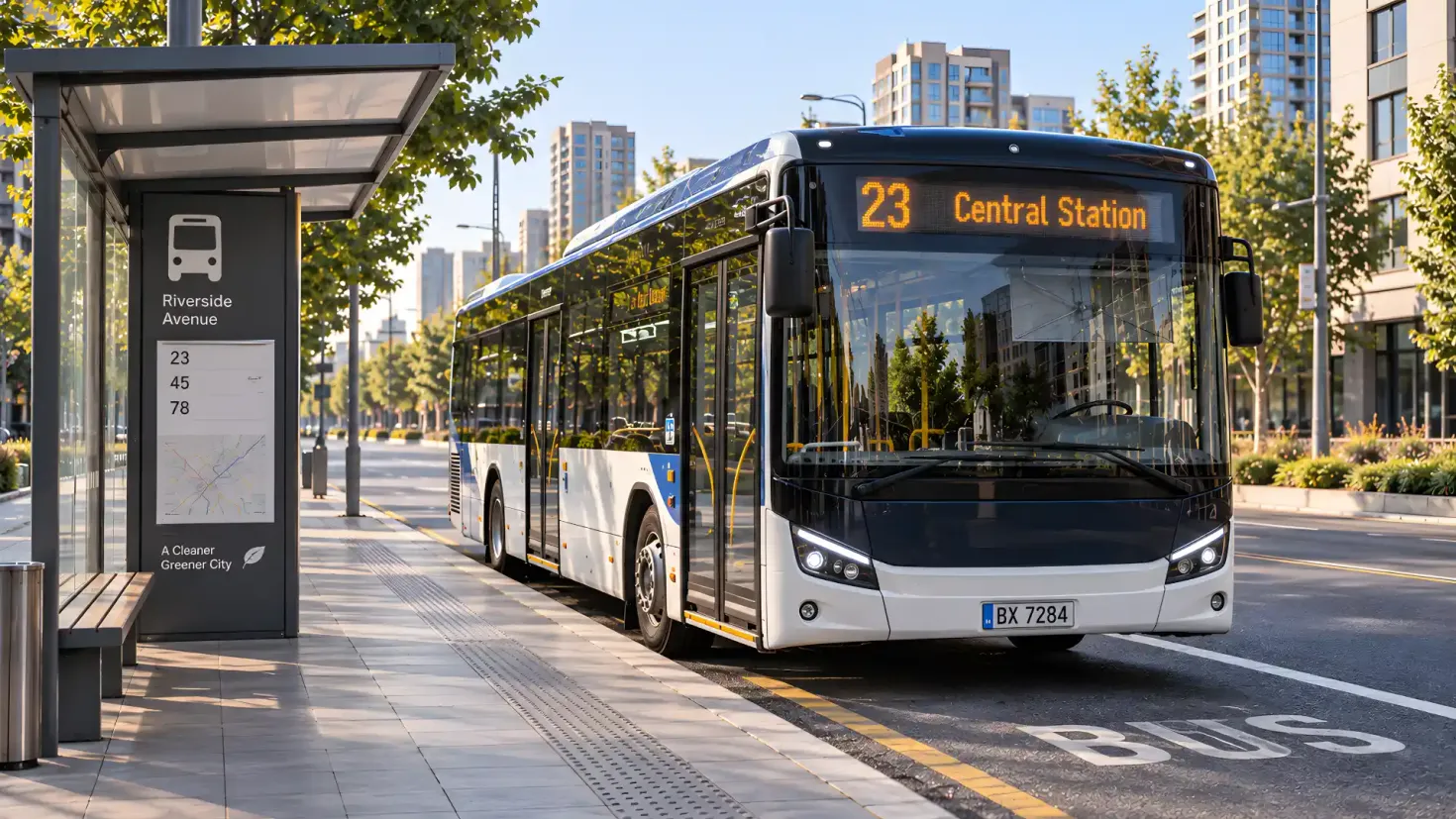 Modern public transport bus stopped at a city bus stop on a sunny urban street.