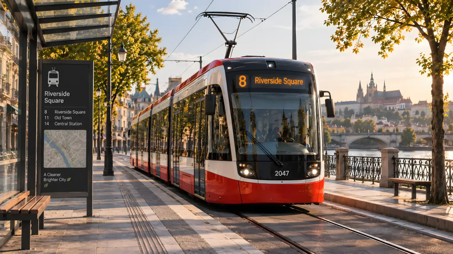 Modern city tram at Riverside Square stop along a scenic riverfront.