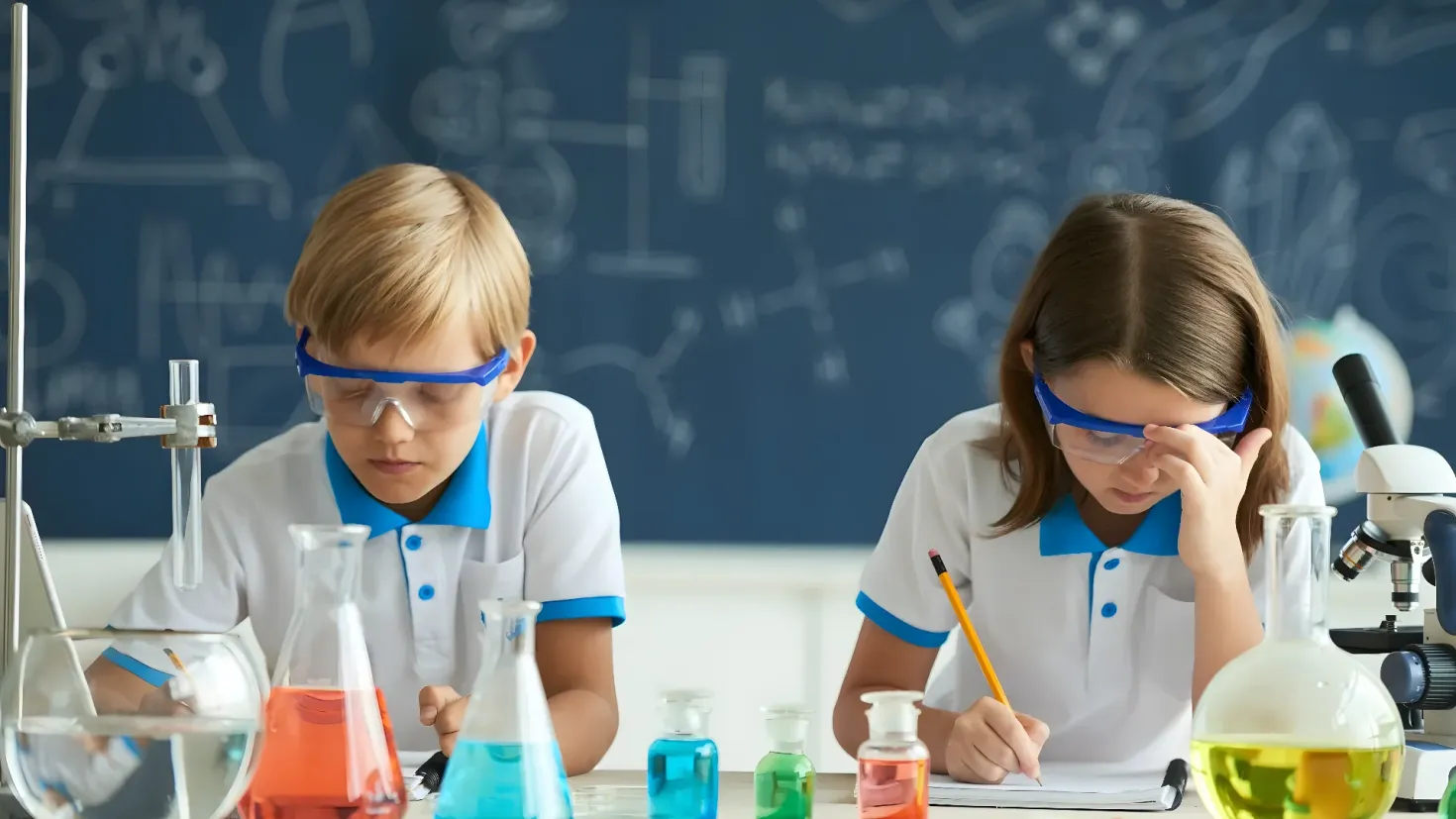 Two children in lab coats and goggles working in a laboratory. On the table in front of them are beakers, test tubes, a microscope, and other scientific equipment. In the background, there is a blackboard with text written on it. The children are holding a pencil and writing on a piece of paper.
