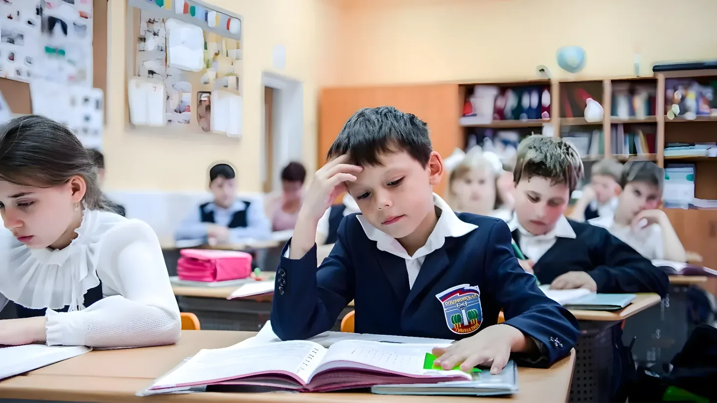 A group of children sitting at desks in a classroom. There are books, bags, and other objects on the tables, and a cupboard with books and other items in the background. On the left side of the image, there is a board with papers pinned to it, and on the right side, there are bookshelves filled with books. The background is slightly blurred, giving the image a sense of depth.