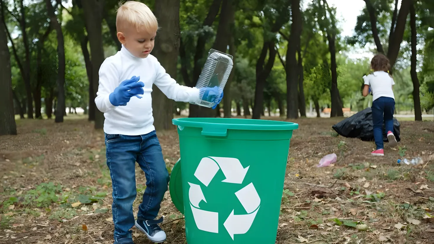 A young boy wearing a white t-shirt, blue jeans, and blue gloves, throwing garbage into a green recycling bin. In the background, there are trees and a clear blue sky.