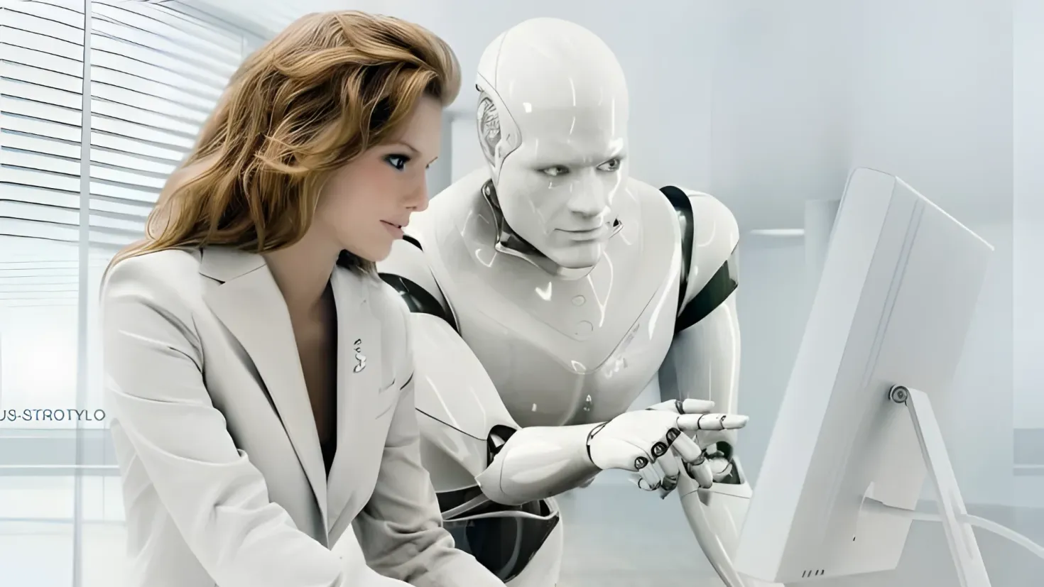 A woman sitting at a desk in front of a computer, with a robot in the background. The woman is wearing a white dress and the robot is wearing white clothing. The background is white and there is a window blind on the left side of the image.