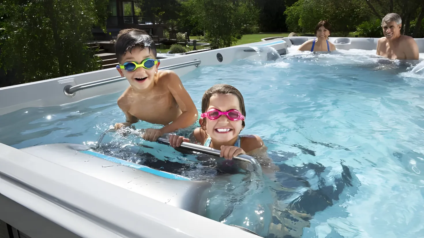 A group of people in a swimming pool with a man and two children. The pool is surrounded by lush green grass and trees, and there is a building in the background. The people in the pool appear to be enjoying themselves, and the sun is shining down on them.