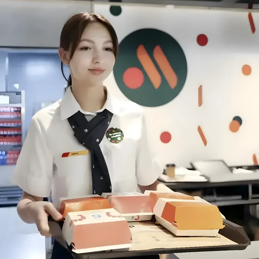 A woman in a white shirt and black tie holding a tray of food. On the table in front of her are several boxes, and in the background there is a white board with something written on it. To the left of the woman is a rack with various items.