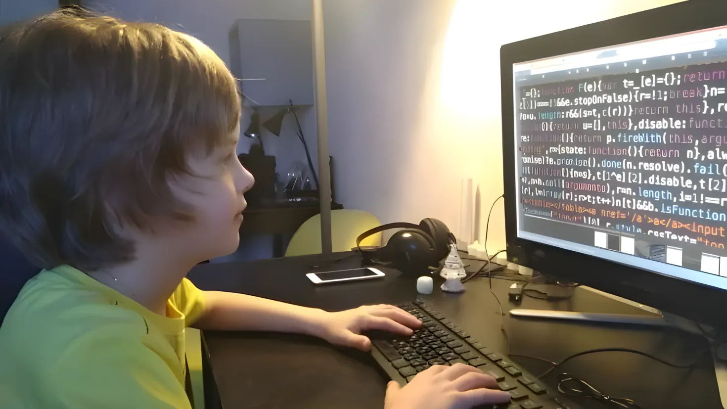 A young boy sitting at a desk in front of a computer, with a monitor, keyboard, mouse, headphones, mobile phone, and other objects on the table. In the background, there is a wall and a chair.