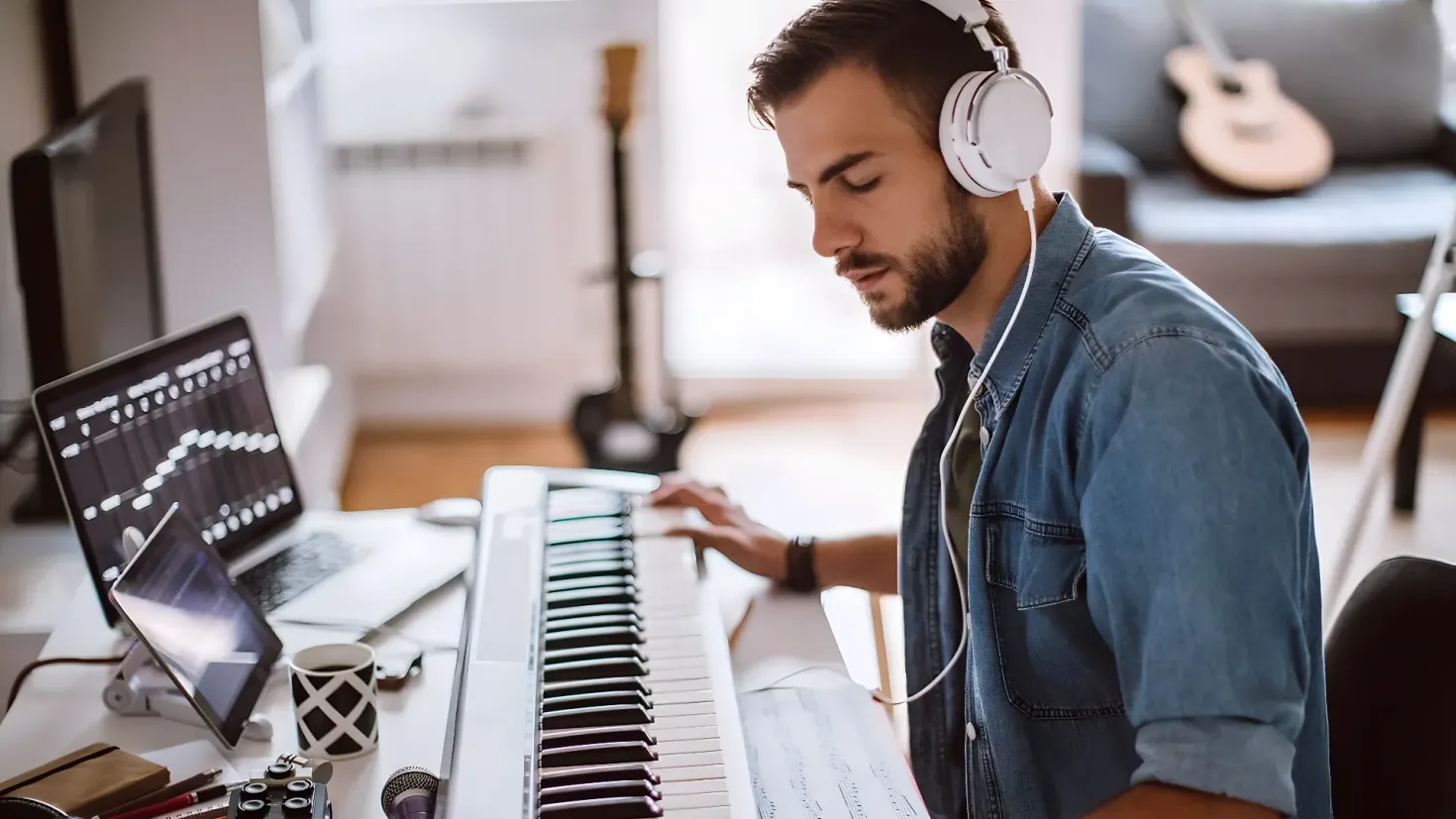 A man sitting at a desk in front of a keyboard, wearing headphones. On the desk there is a laptop, a cup, a book, a microphone, and other objects. In the background, there are guitars, a sofa, and a wall.