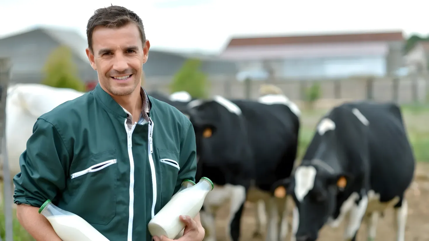 A man standing in front of a herd of cows, holding a bottle of milk in his hands. The background is slightly blurred, suggesting the focus is on the man and the cows.