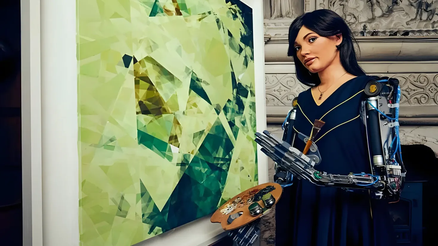 A woman in a black dress standing next to a painting on a wall. She is holding an object in her hand and there is a painting board on the left side of the image. In the background, there are sculptures on the wall.
