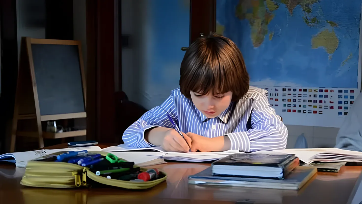 A young boy sitting at a desk, writing in a book with a pen. On the desk there are books, a bag, and other objects. To the right of the desk is another person, and in the background there is a wall with a board and a stand.