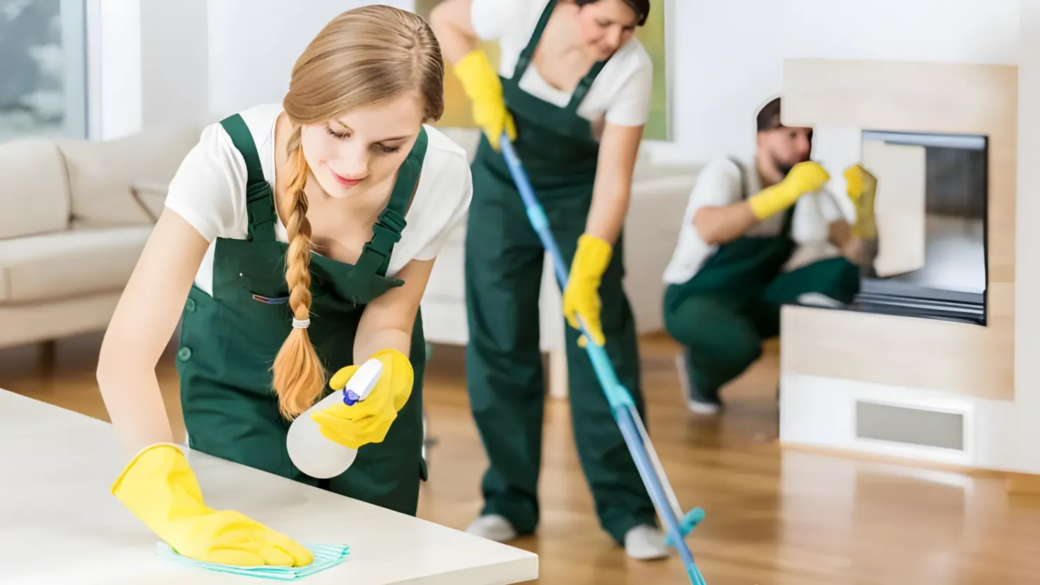 Three people wearing green aprons and yellow gloves, cleaning the floor with a mop. On the left side of the image there is a table, and in the background there are sofas, a television, a wall, and a glass window. This image conveys the importance of cleaning your home, as it is a reminder of the five tips to keep your home clean and tidy.