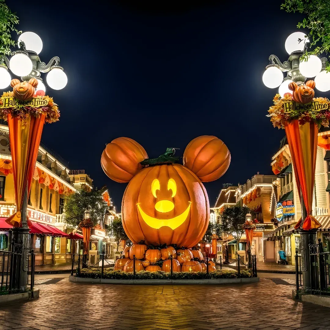 A Mickey Mouse pumpkin in the middle of a street at night, surrounded by light poles, railings, trees, buildings with windows, name boards, and other objects. The sky is visible in the background, creating a festive atmosphere for Halloween at Disney's Hollywood Studios.