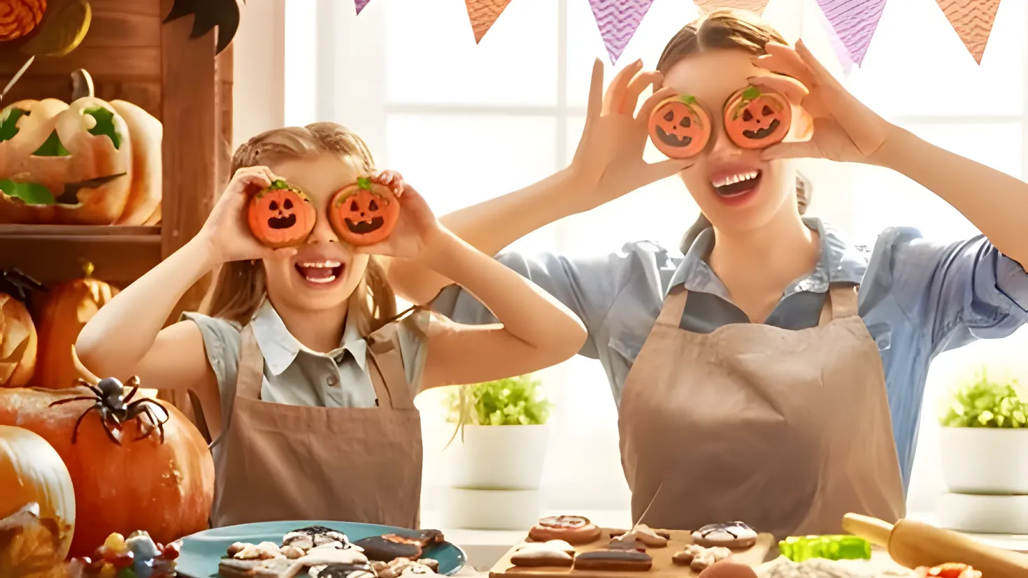 Two women in aprons standing in front of a table full of Halloween decorations, including pumpkins, a plate of food items, a rolling pin, and other objects. In the background, there are flower pots, decorative flags, and a window, creating a festive atmosphere.