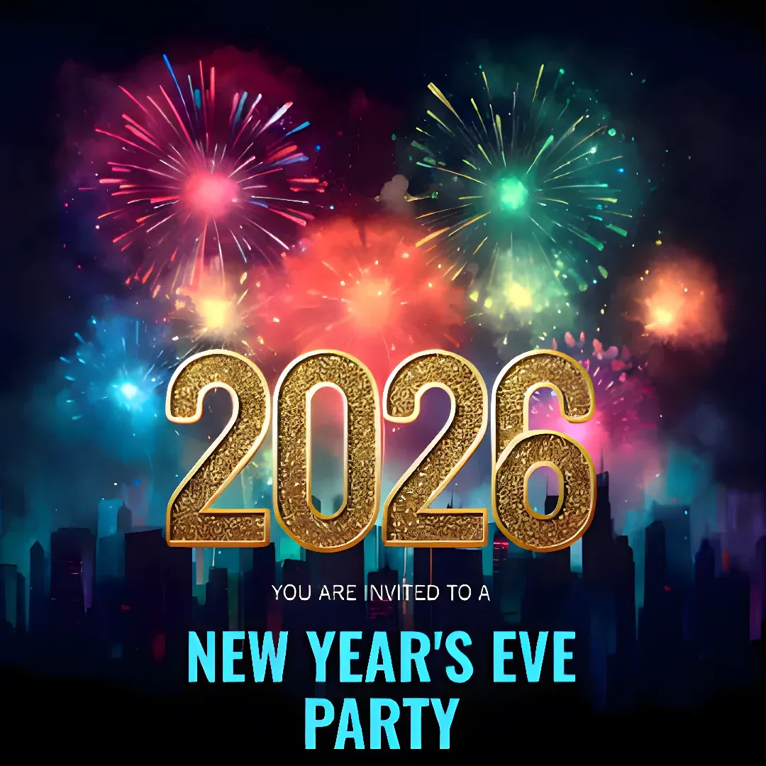 A poster with the text "2026 New Year's Eve Party" surrounded by buildings and fireworks in the background, creating a festive atmosphere.