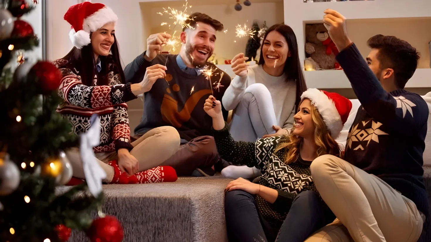A group of people sitting on a couch in front of a Christmas tree. They are all wearing festive Christmas sweaters and Santa hats, and some of them are holding sparklers in their hands. On the right side of the image, there is a sofa with pillows, and on the left side, there are decorative items. In the background, there appears to be a wall with a photo frame and other objects on the shelves.