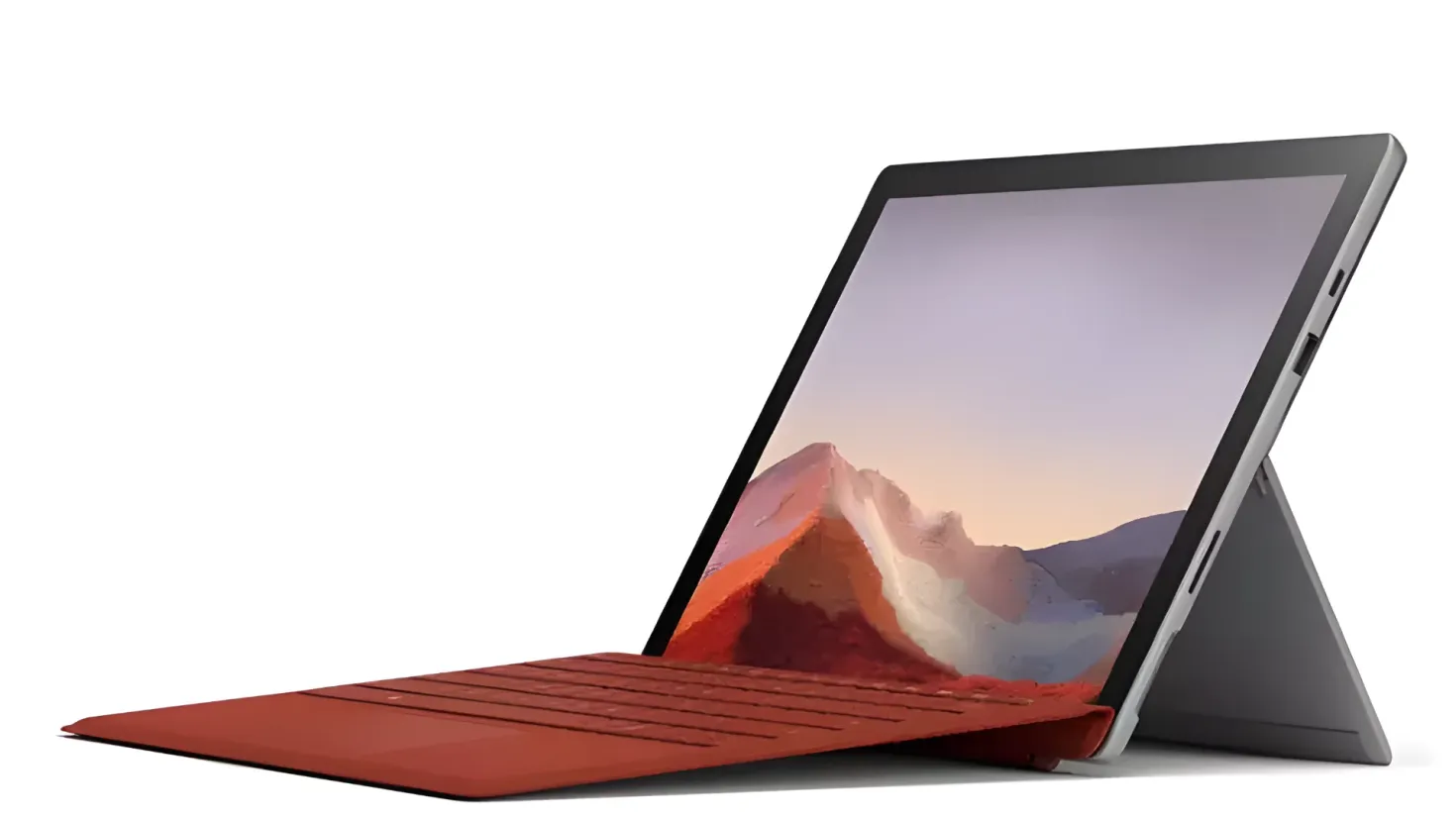 A Microsoft Surface Pro 4 laptop with a red cover, set against a white background. It has a sleek and modern design, with a large touchscreen display and a slim profile. The laptop is equipped with a powerful processor and a long-lasting battery, making it an ideal choice for those looking for a reliable and efficient device.