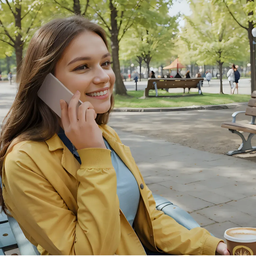 A woman sitting on a bench, smiling while talking on her cell phone. She is holding a cup of coffee in her hand. In the background, there are benches, people, trees, and a clear blue sky.