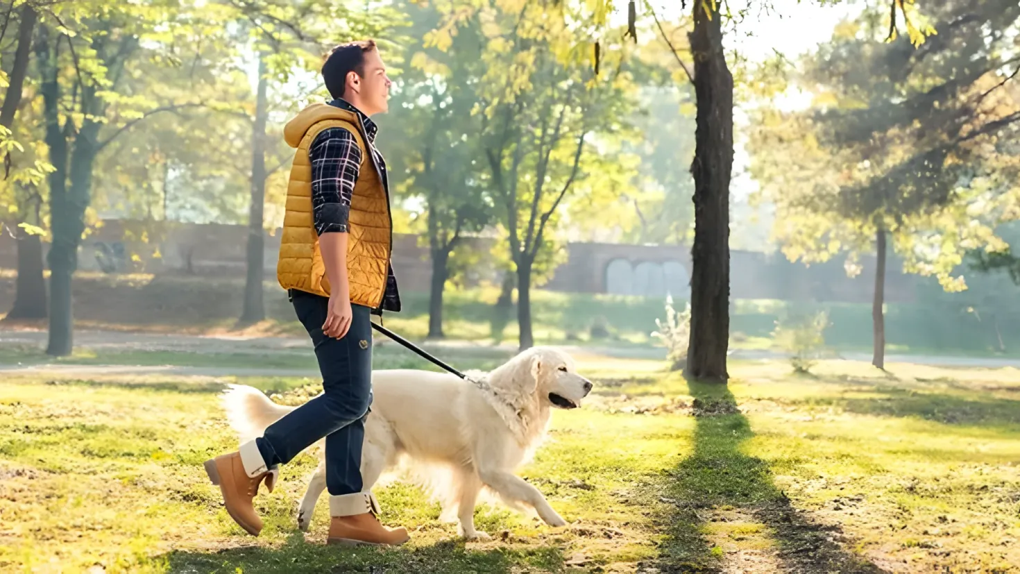 A man walking his dog in the park. He is wearing a jacket, jeans, and shoes, and is holding the leash of the dog. The ground is covered in grass and there are trees in the background, as well as a building.