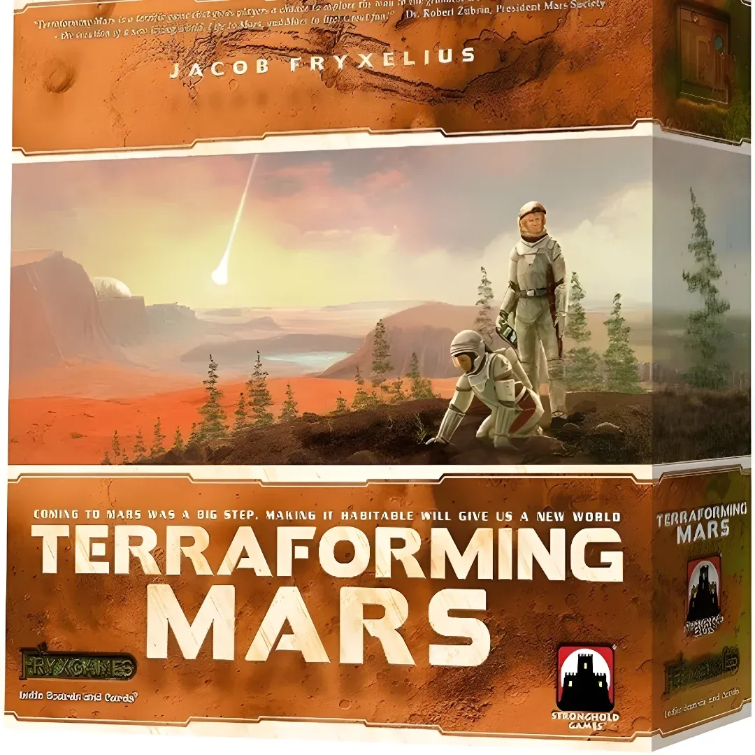A box with a picture of a person wearing a helmet and holding something in their hand, surrounded by trees, hills, and a sky with a sun in the background. The box also has text on it, likely related to the Terraforming Mars board game.