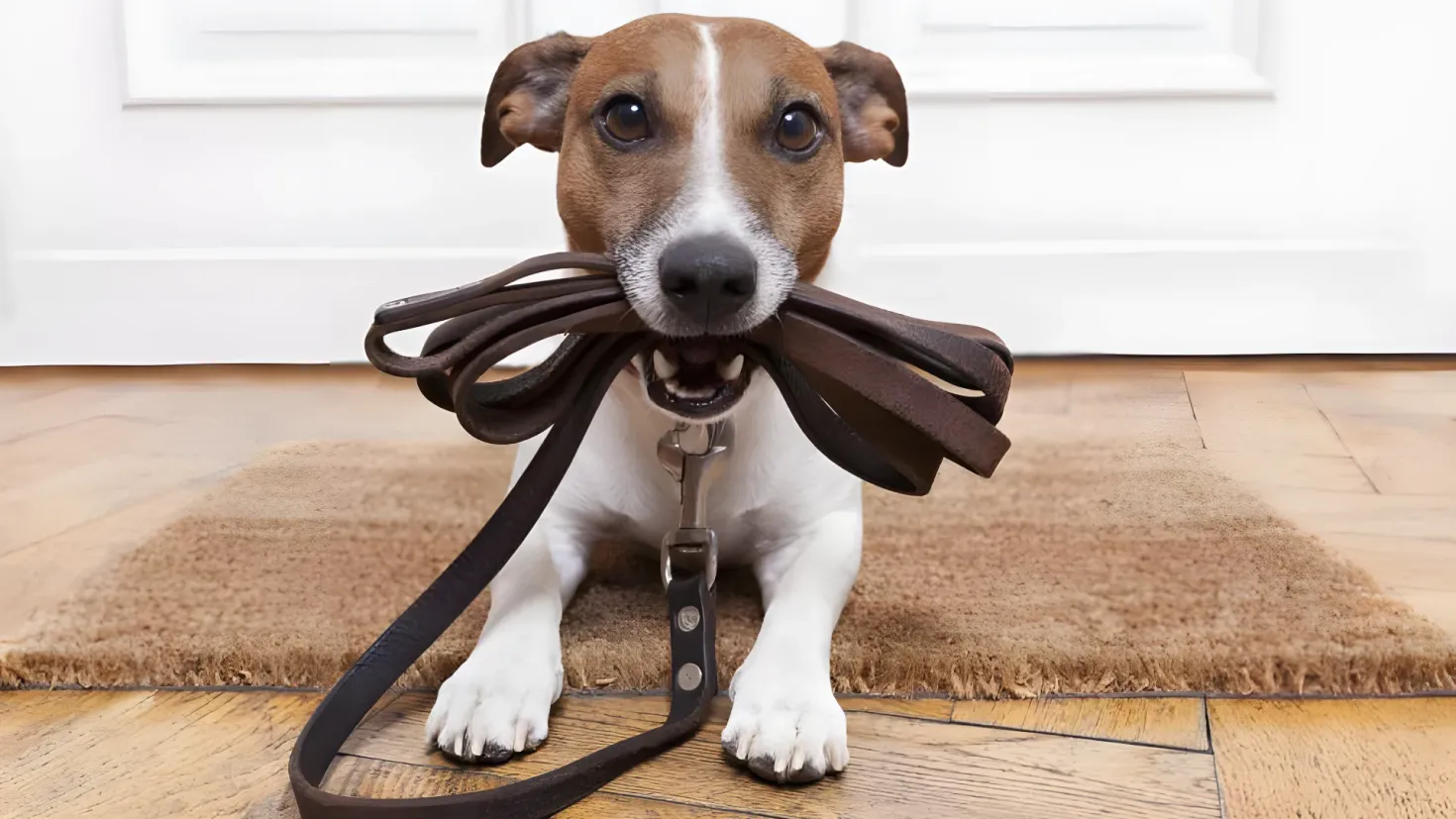 A small brown and white dog sitting on a brown mat on a wooden floor, holding a leash in its mouth. In the background, there is a white door.