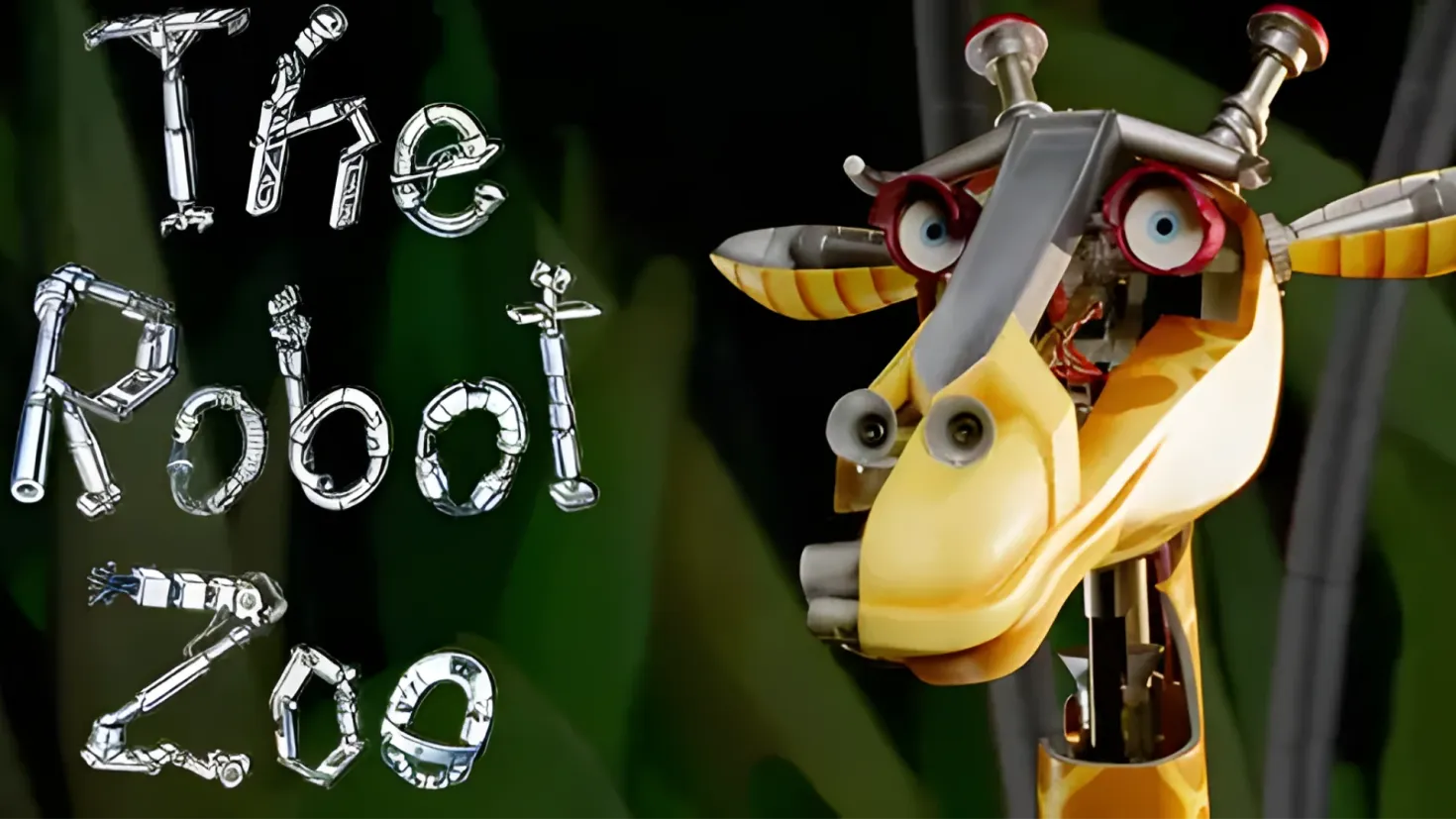 A yellow robot with the words "The Robot Zoo" written on it, set against a blurred background. The robot appears to be animated, with its arms and legs outstretched and its head tilted slightly to the side. Its eyes are wide and alert, and its mouth is slightly open, as if it is about to speak.
