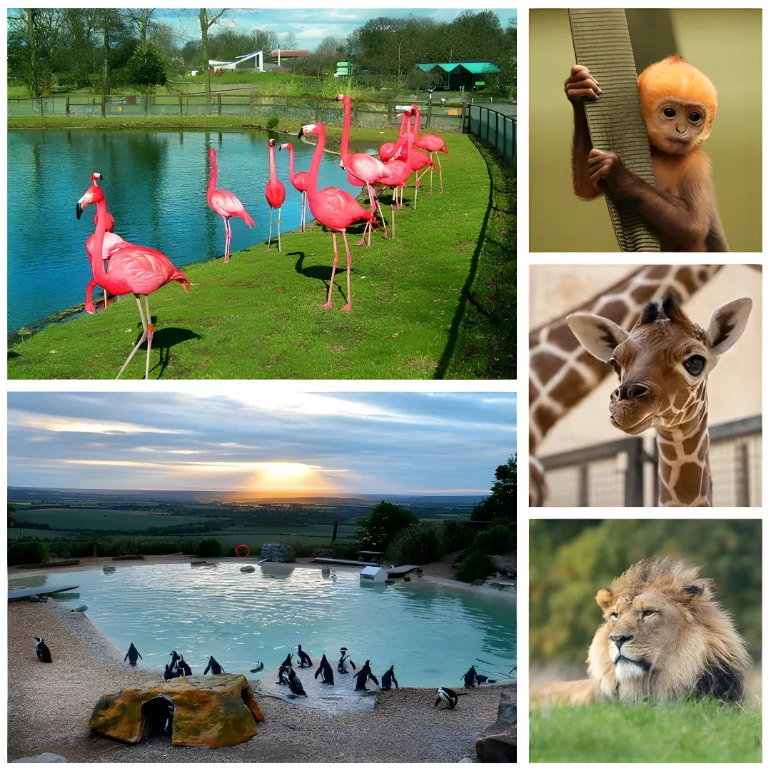 A collage of six pictures of flamingos, a giraffe, a lion, and other animals. The flamingos are standing on the grassy ground, with a body of water in the background. The sky is filled with clouds and the sun is shining brightly, creating a beautiful backdrop for the scene.
