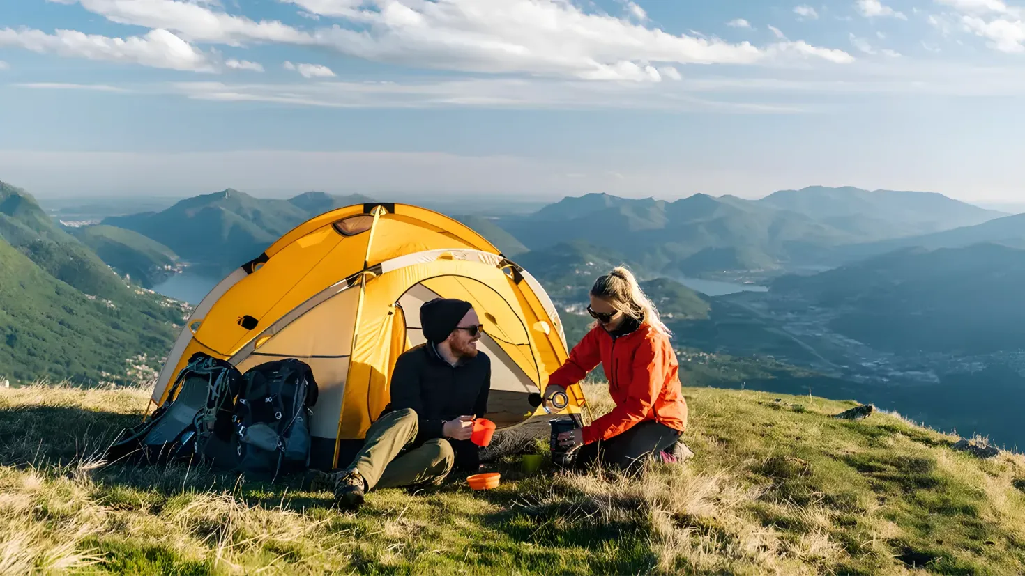 A man and woman sitting in front of a yellow tent on top of a mountain. The man is wearing a black jacket and pants, while the woman is wearing an orange jacket. There are two bags and a bowl on the grassy ground, and in the background there are mountains and a clear blue sky.
