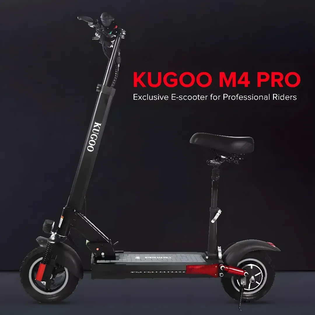 A black and red Kugoo M4 Pro electric scooter with a black background. It is an e-scooter for professional riders, with a sleek and modern design. The text on the scooter is clearly visible, making it easy to read.