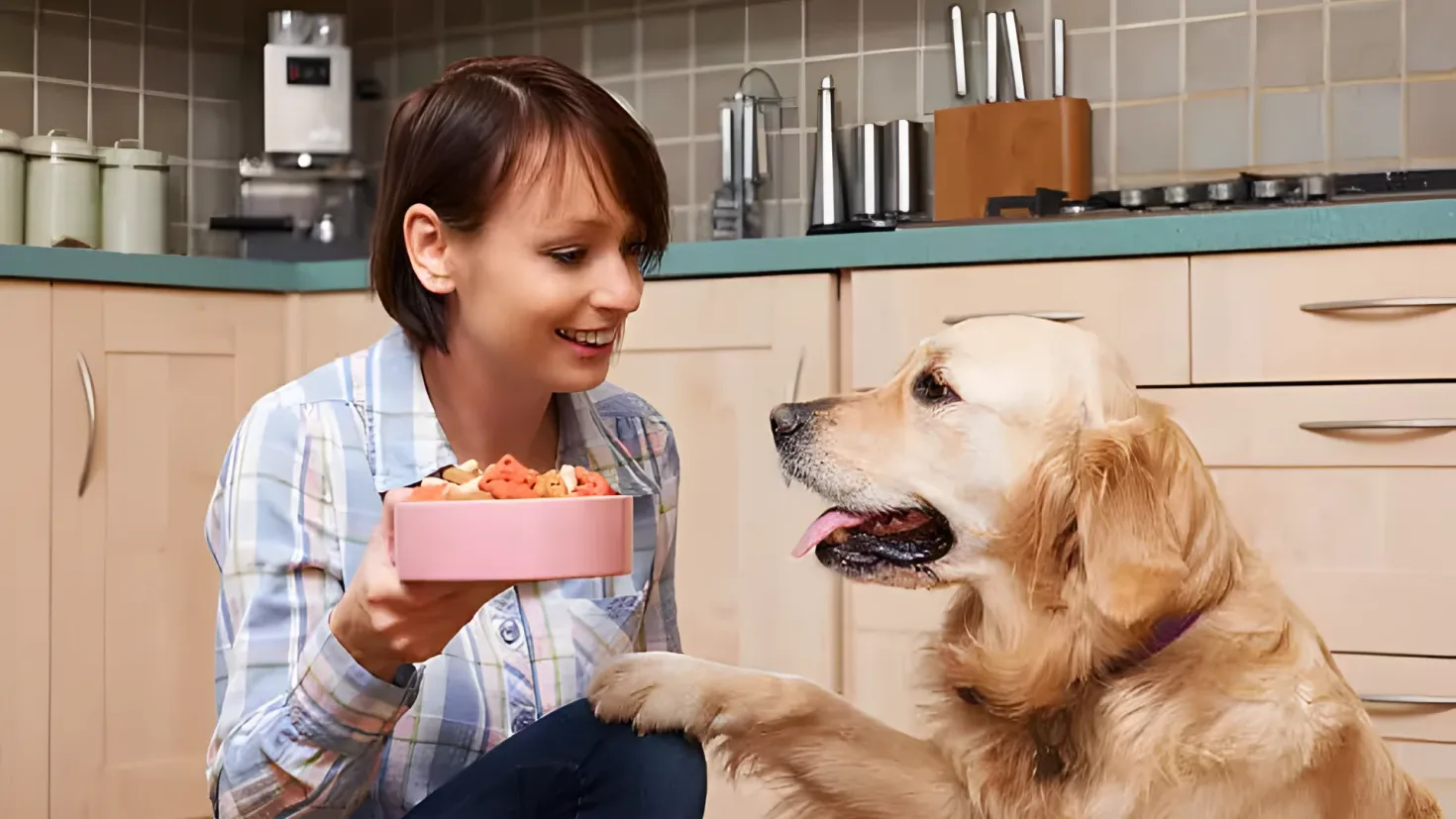 A woman sitting on the floor in a kitchen, holding a bowl of food in her hand and petting her dog. The kitchen is filled with various utensils and objects on the countertop, and there are cupboards in the background.